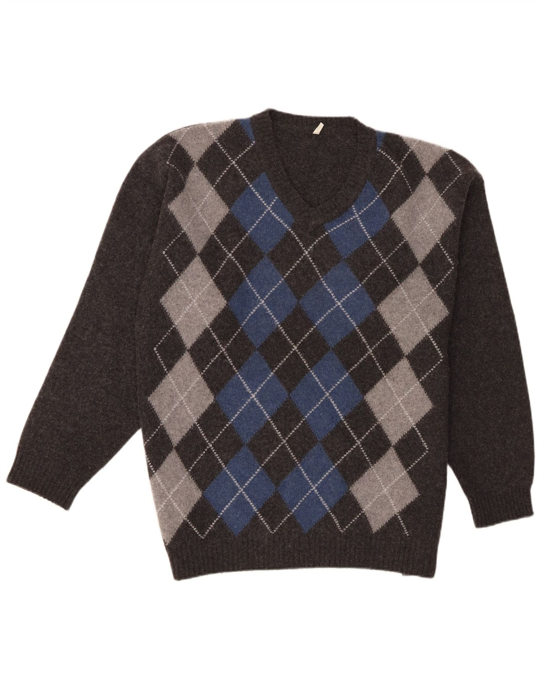 Suéter masculino vintage com decote em V XL cinza Argyle/Diamond Lambswool