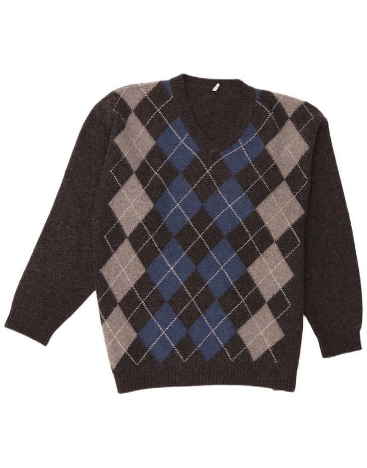 Suéter masculino vintage com decote em V XL cinza Argyle/Diamond Lambswool