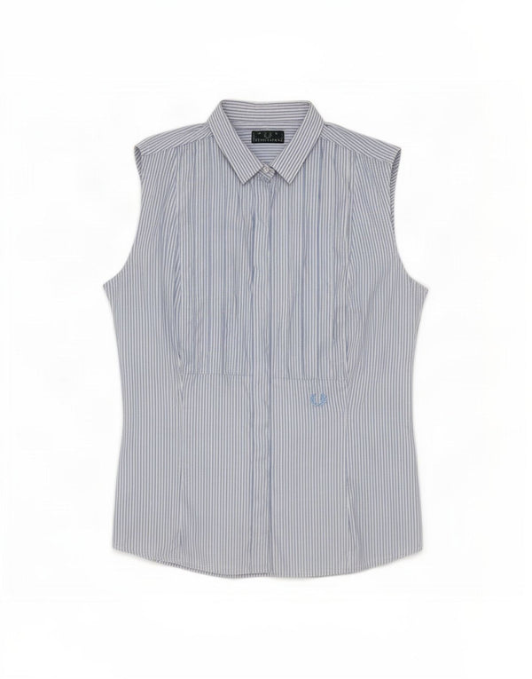 Camisa feminina sem mangas Fred Perry Reino Unido 14 grande algodão listrado azul