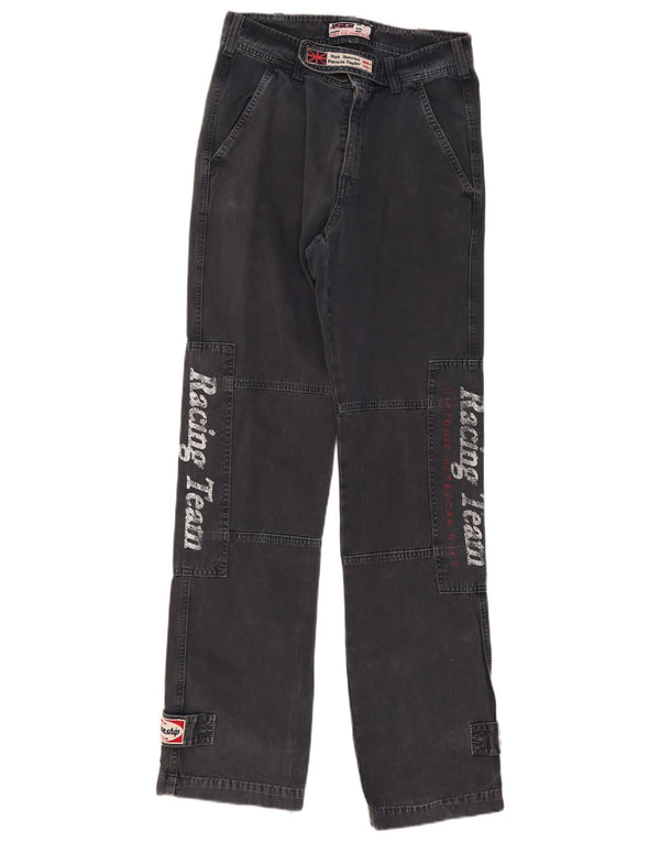 Calça casual masculina vintage gráfica Moto Racer IT 46 pequena W30 L34 cinza