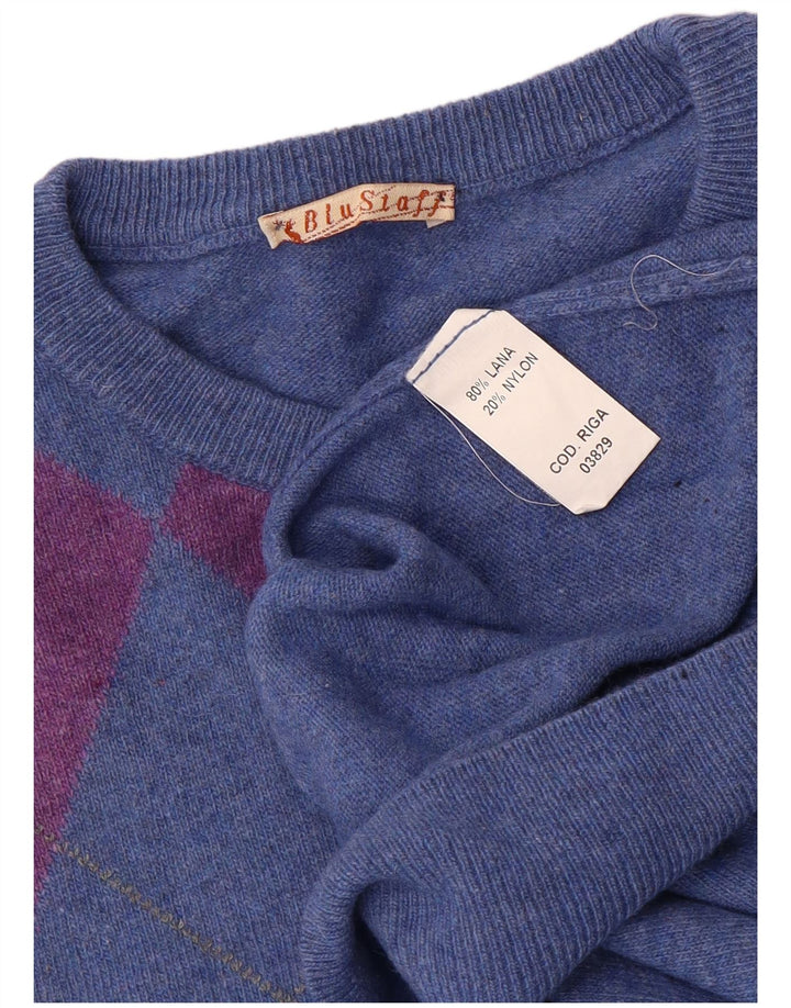 Suéter vintage masculino com gola redonda, grande azul argyle/lã diamante