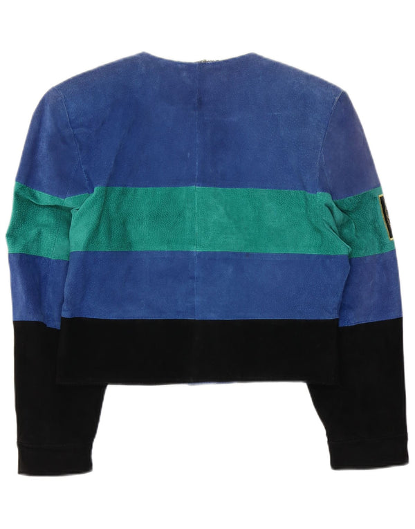 Jaqueta feminina C&A de camurça com corte gráfico Reino Unido 12 bloco colorido azul médio