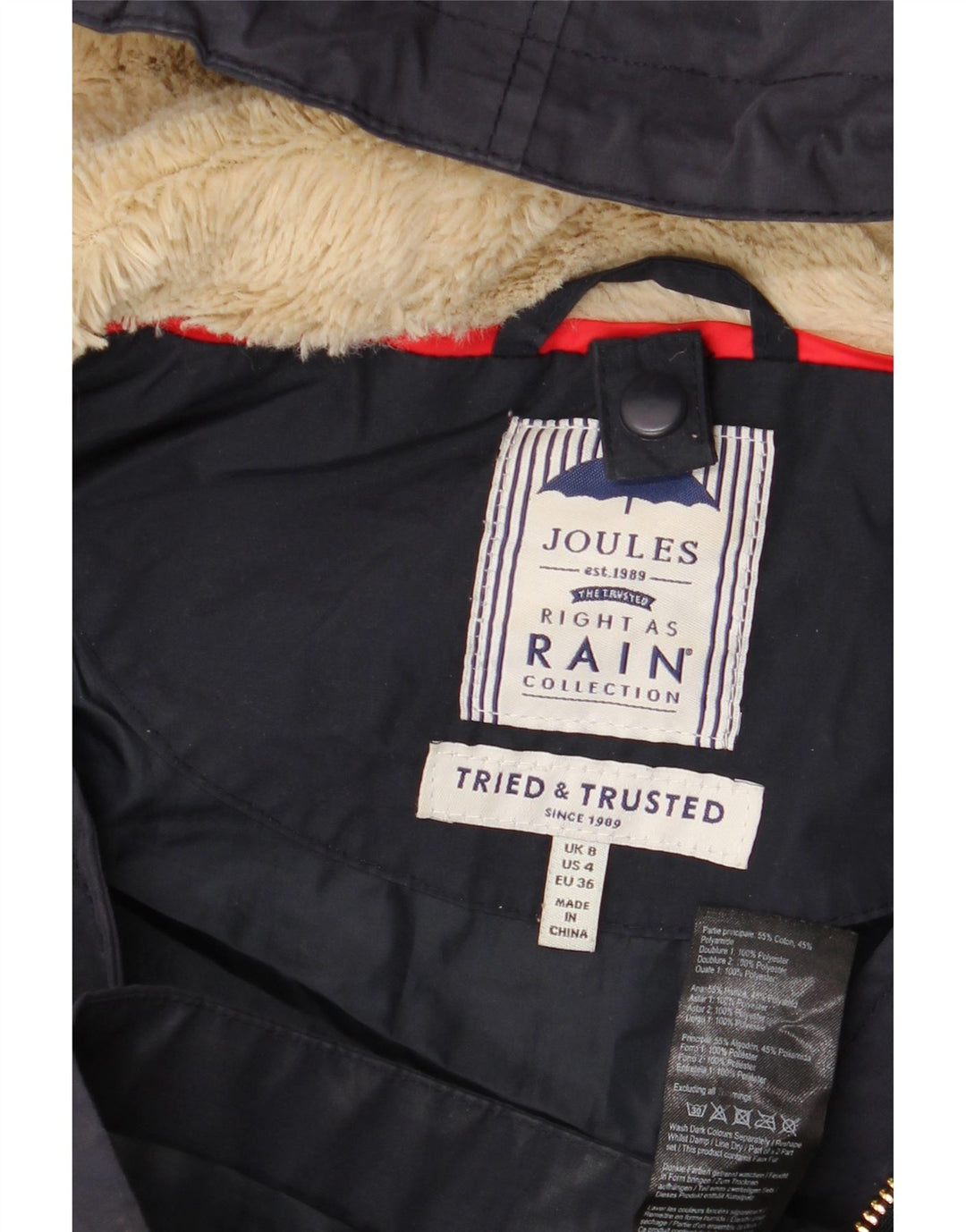 Jaqueta de chuva grande com capuz feminina Joules Reino Unido 8 algodão azul marinho pequeno