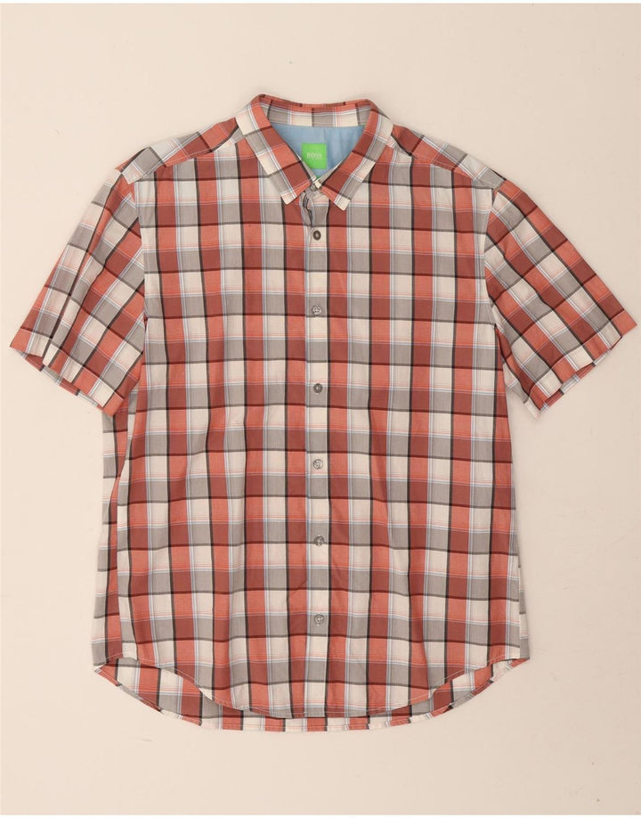 Camisa masculina de manga curta Hugo Boss Modern Fit grande algodão xadrez vermelho