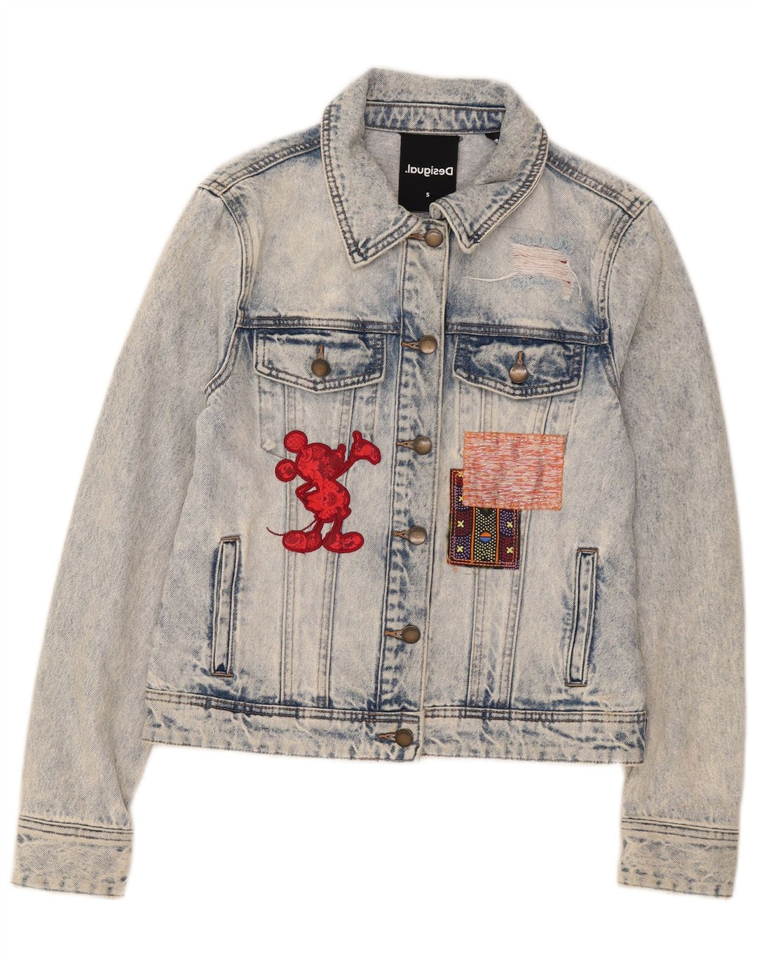 Jaqueta jeans feminina Desigual Mickey Mouse gráfica Reino Unido 10 algodão azul pequeno