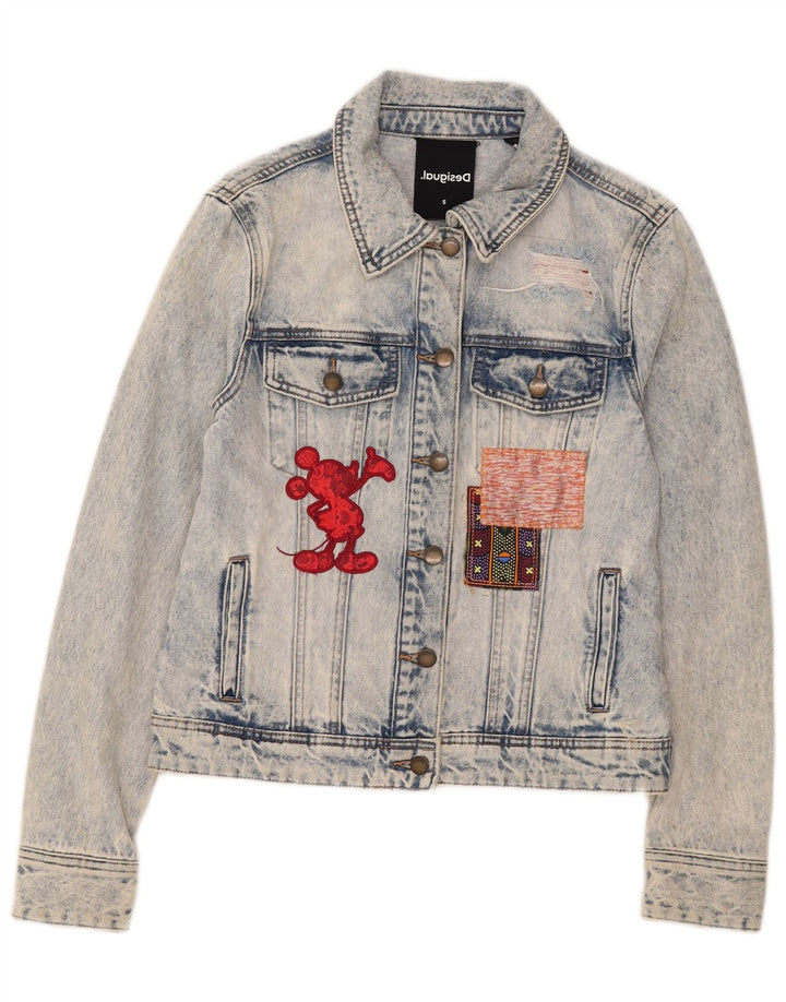 Jaqueta jeans feminina Desigual Mickey Mouse gráfica Reino Unido 10 algodão azul pequeno