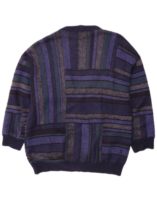 Suéter cardigã masculino Bizzarro XL de lã listrada azul marinho