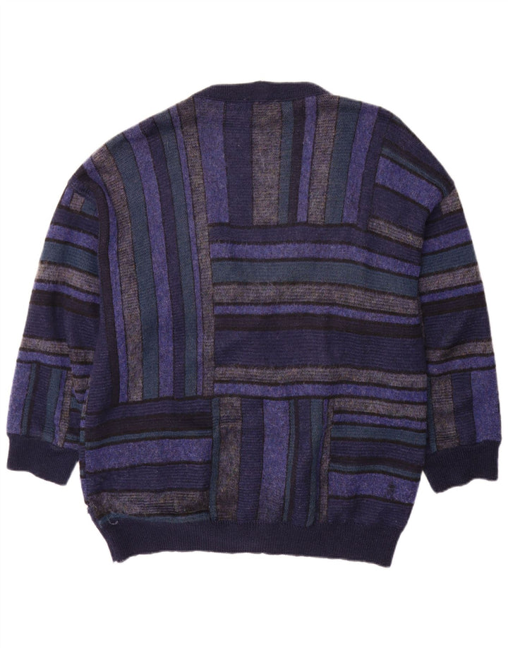 Suéter cardigã masculino Bizzarro XL de lã listrada azul marinho