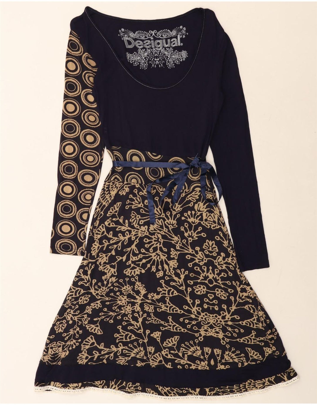 DESIGUAL Vestido feminino gráfico linha A UK 12 médio azul marinho floral