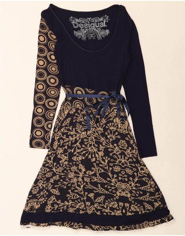 DESIGUAL Vestido feminino gráfico linha A UK 12 médio azul marinho floral