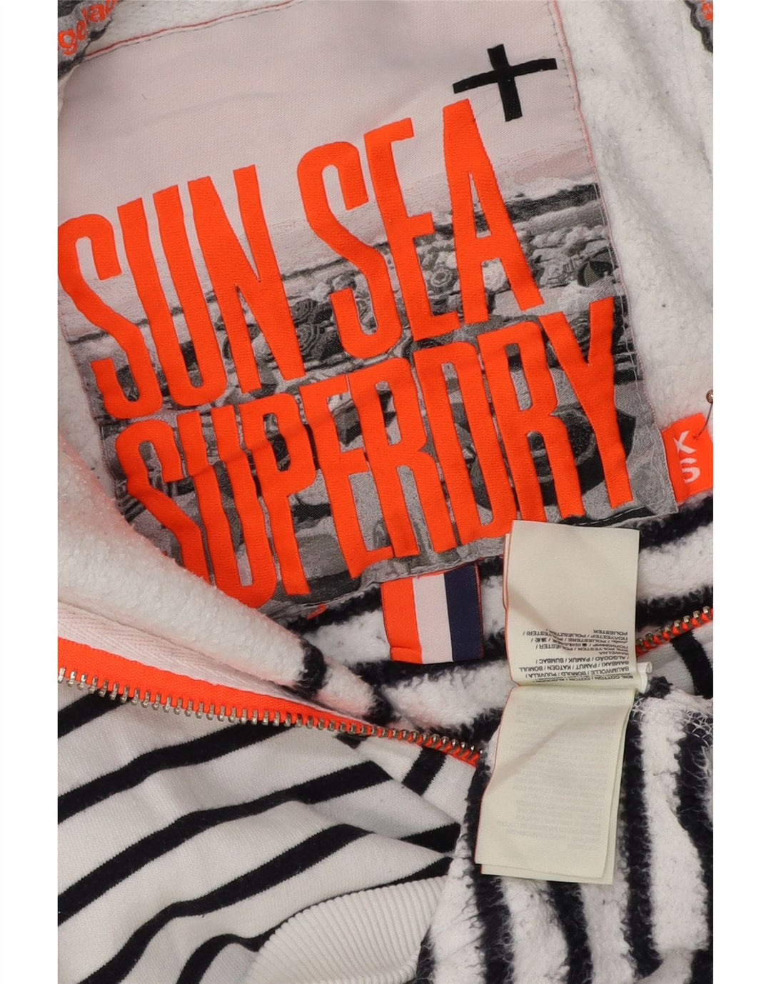 Suéter feminino com capuz e zíper SUPERDRY Reino Unido 6 XS algodão listrado branco