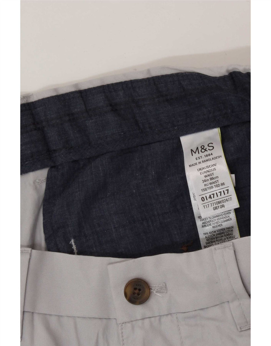 Shorts chino masculino Marks & Spencer W34 grande algodão cinza