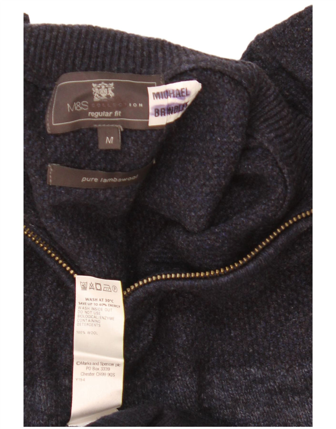 Suéter masculino Marks & Spencer com zíper e gola em bloco colorido azul marinho médio