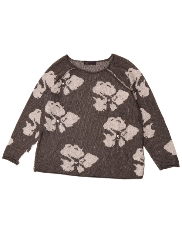 Suéter feminino Marks & Spencer com gola canoa Reino Unido 14 grande cinza floral