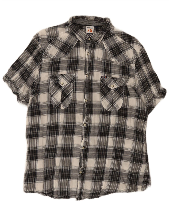 Camisa masculina de flanela de manga curta Jack & Jones grande algodão xadrez cinza