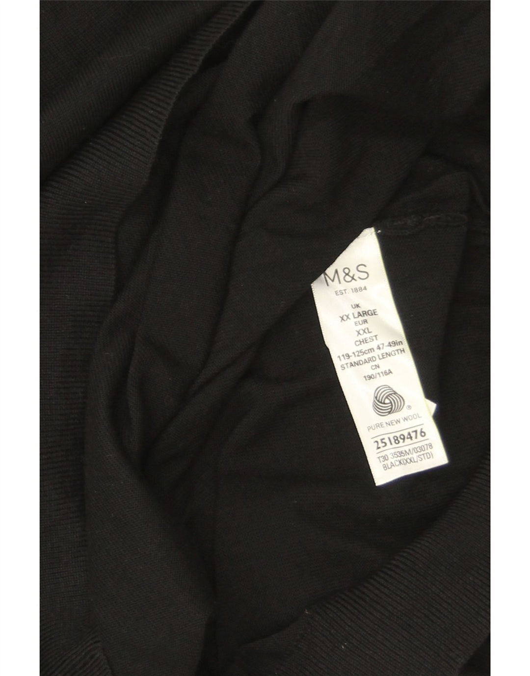 Suéter masculino Marks & Spencer com decote em V 2XL lã merino preta