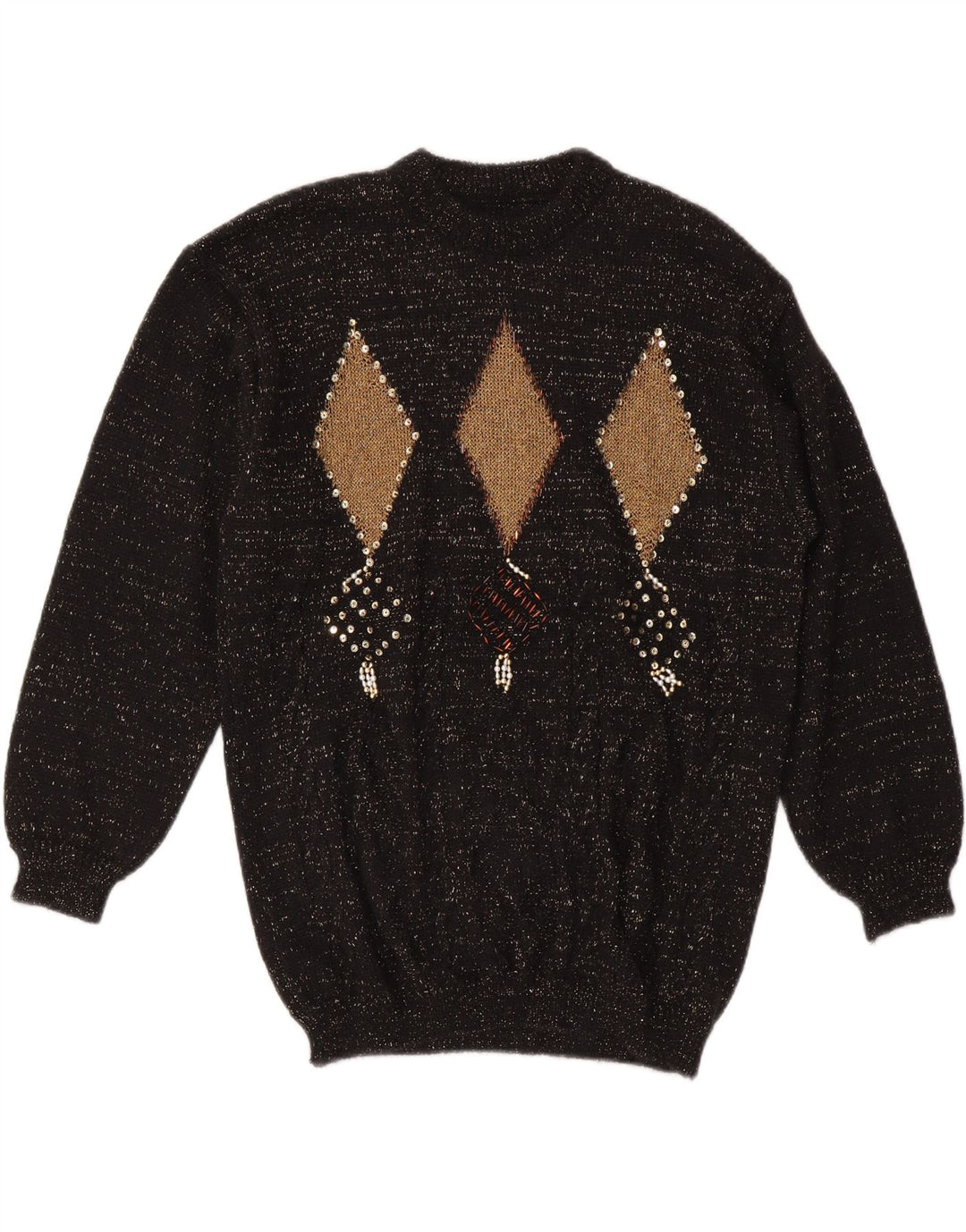 Suéter feminino VINTAGE com gola redonda Reino Unido 14 médio preto argyle/diamante