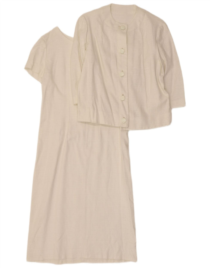 Conjunto feminino vintage de manga 3/4 com 5 botões e 2 peças Reino Unido 14 médio branco