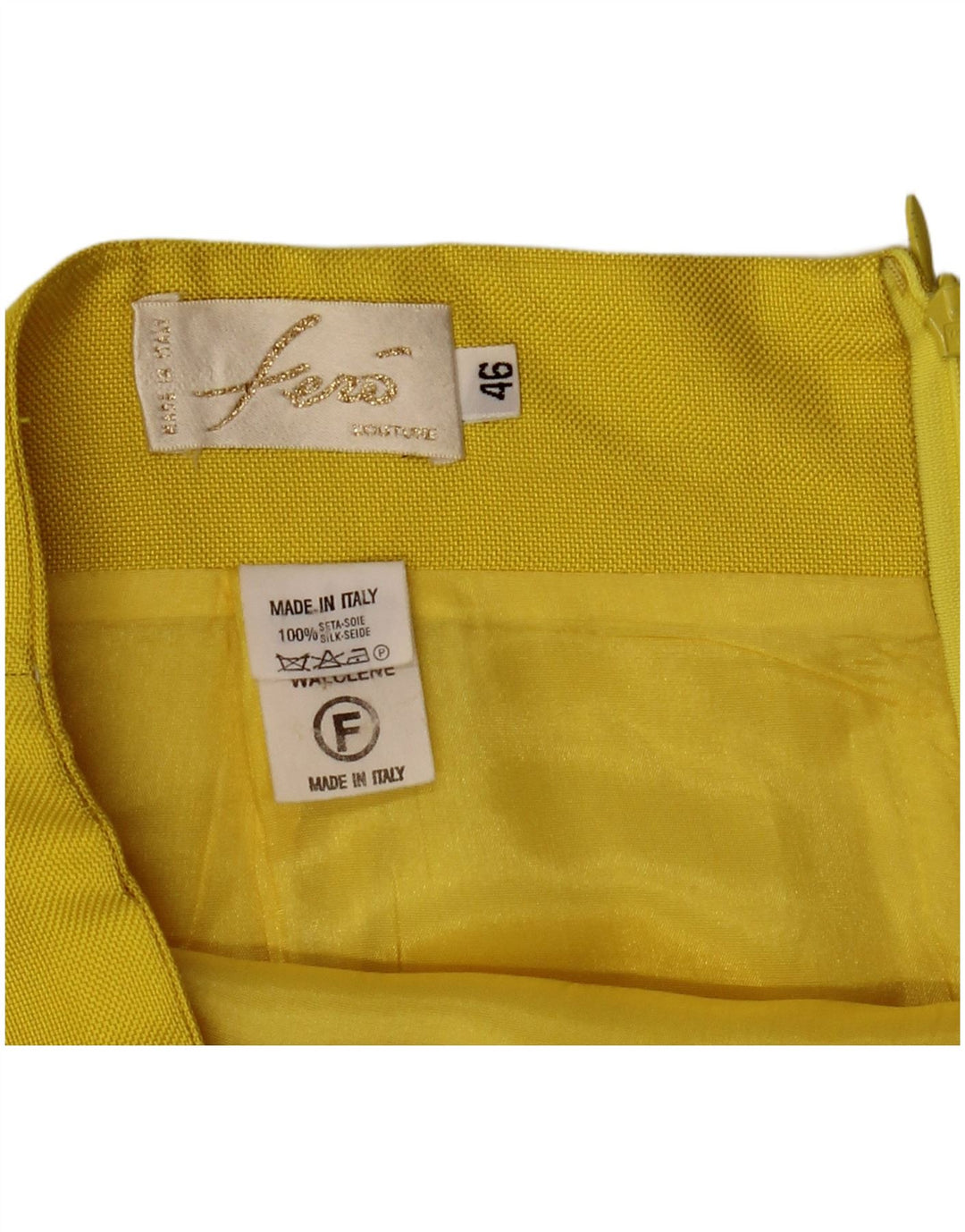 Conjunto de saia feminina vintage com 4 botões e 2 peças IT 46 grande W32 seda amarela