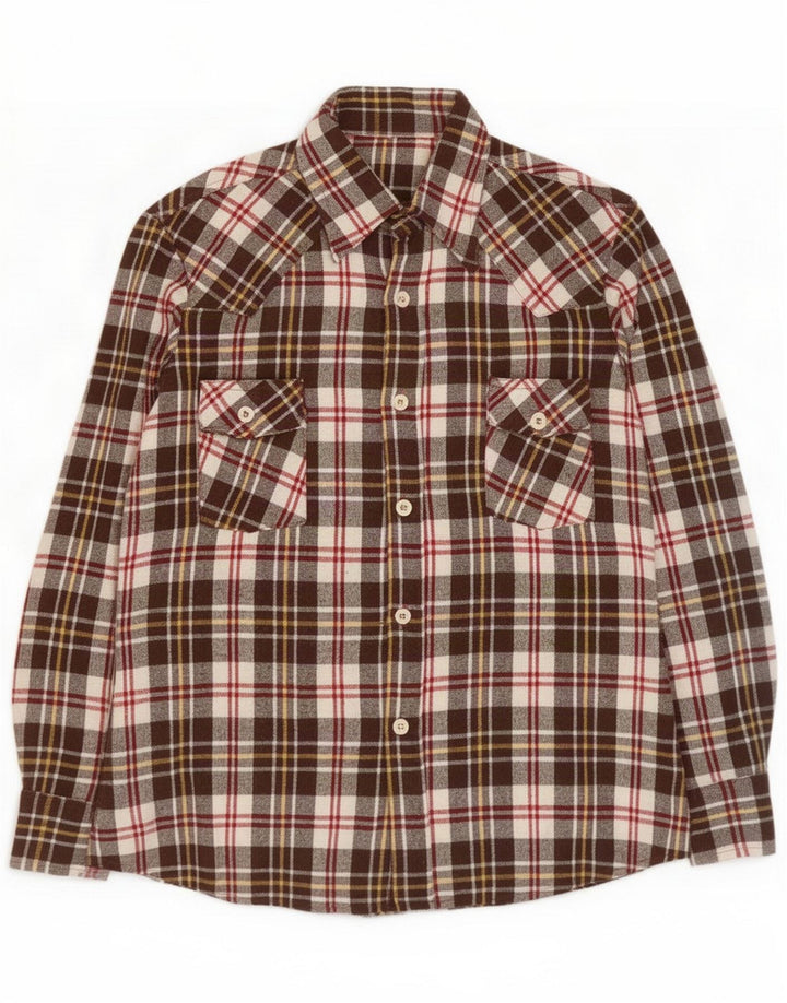 Camisa de flanela masculina vintage em acrílico xadrez marrom médio