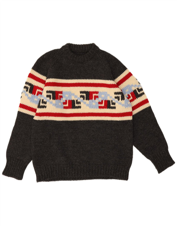 Suéter vintage masculino com gola redonda cinza médio geométrico