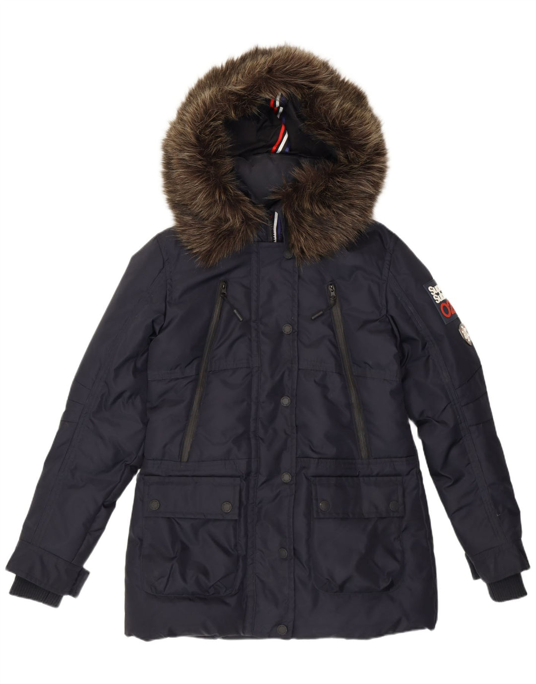 Jaqueta acolchoada feminina Superdry com capuz gráfico Reino Unido 12 médio azul marinho nylon