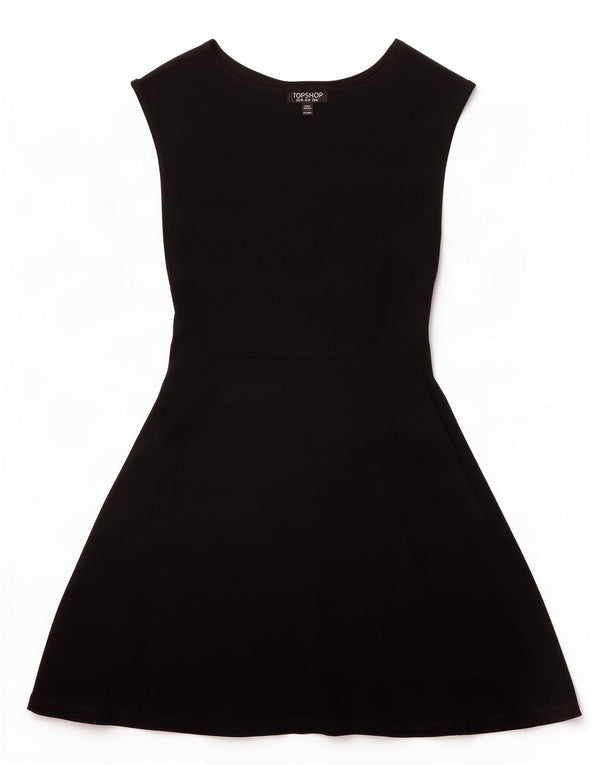 Topshop vestido feminino sem mangas evasê UK 12 algodão preto médio