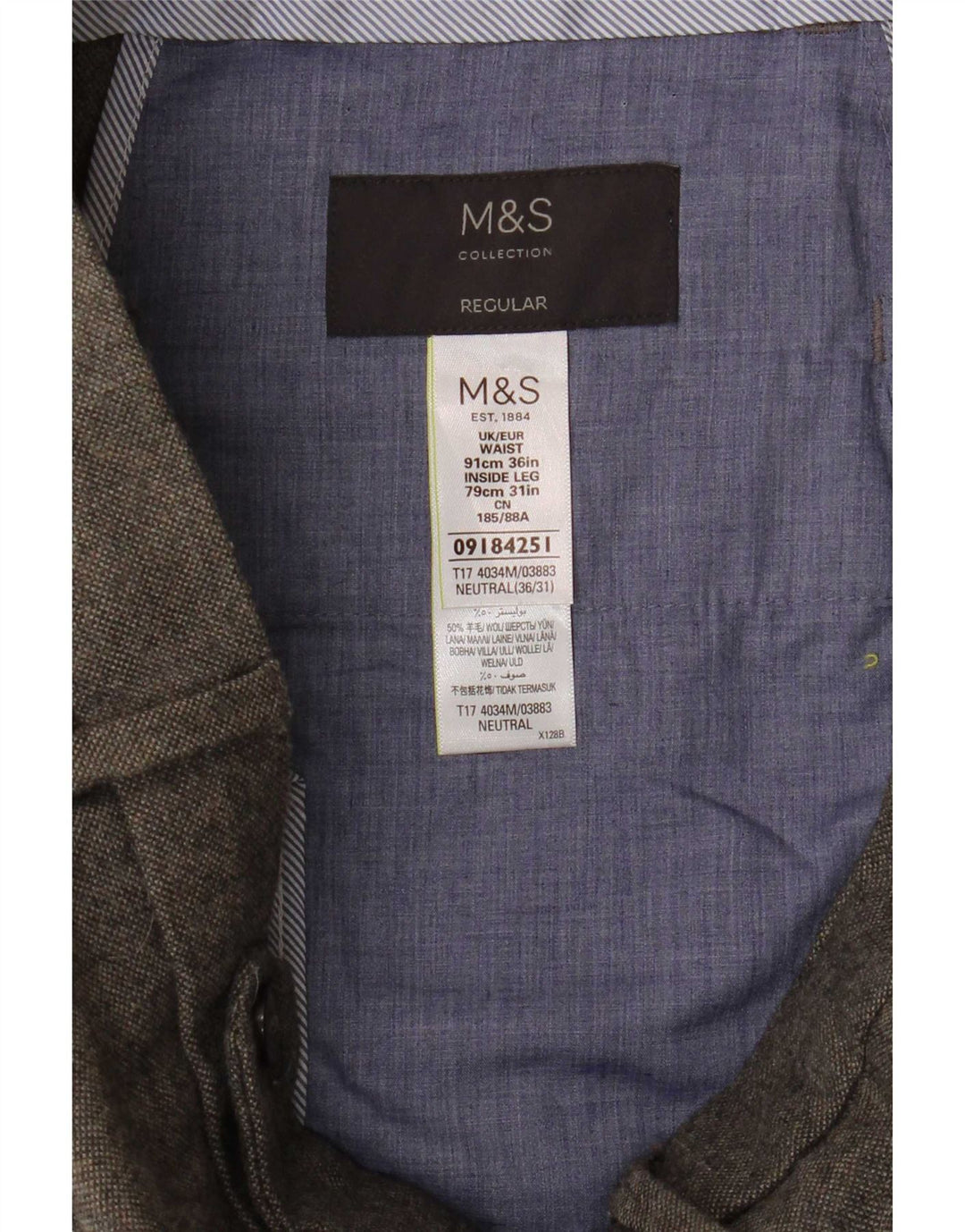 Calça masculina reta regular Marks & Spencer W36 L31 poliéster cinza