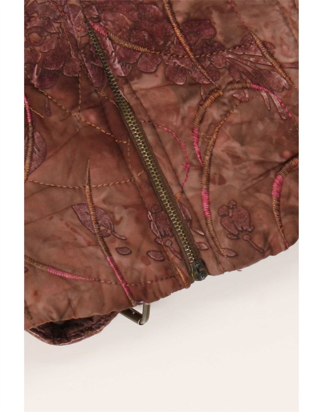 Jaqueta acolchoada feminina vintage UK 10 pequena marrom floral