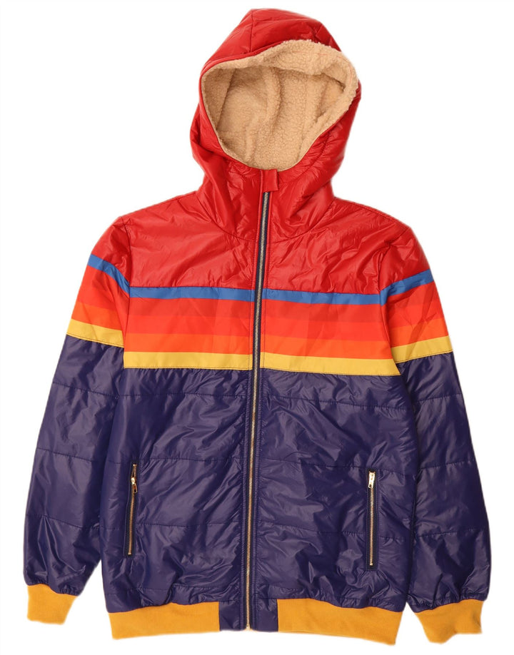 Jaqueta acolchoada com capuz feminino vintage UK 14 bloco colorido azul médio