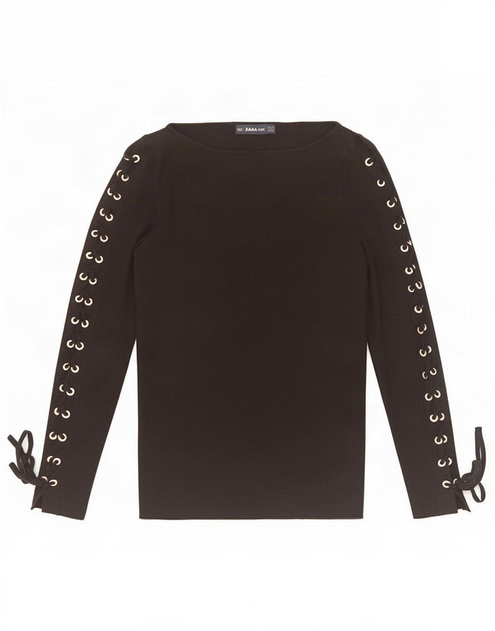 Top feminino Zara de manga comprida UK 12 viscose preta média