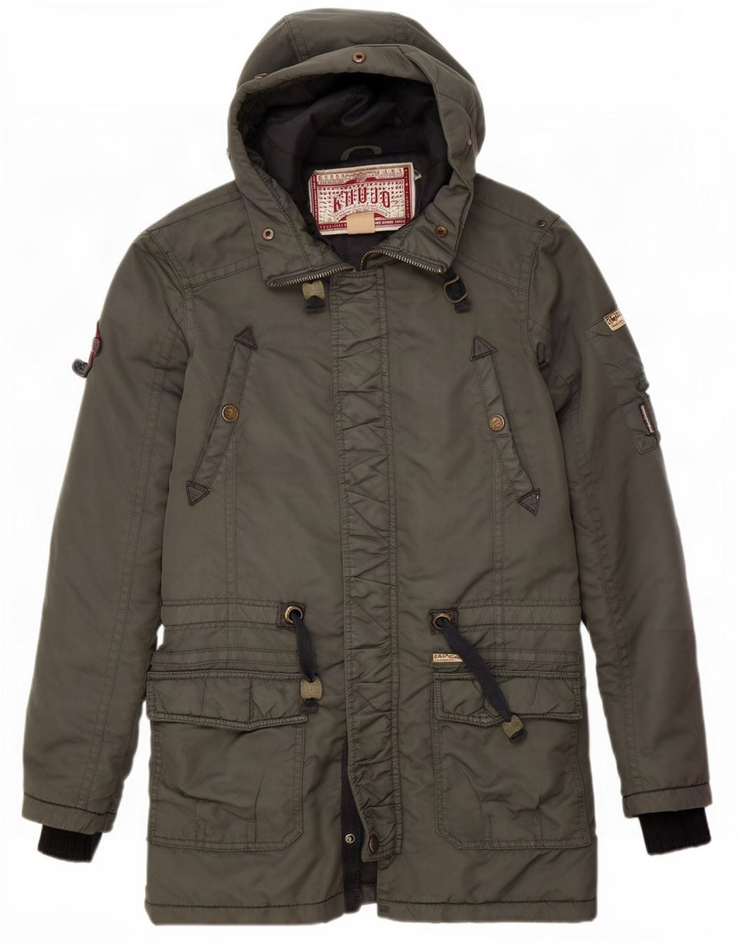 Jaqueta Parka masculina com capuz KHUJO Reino Unido 36 poliéster verde pequeno