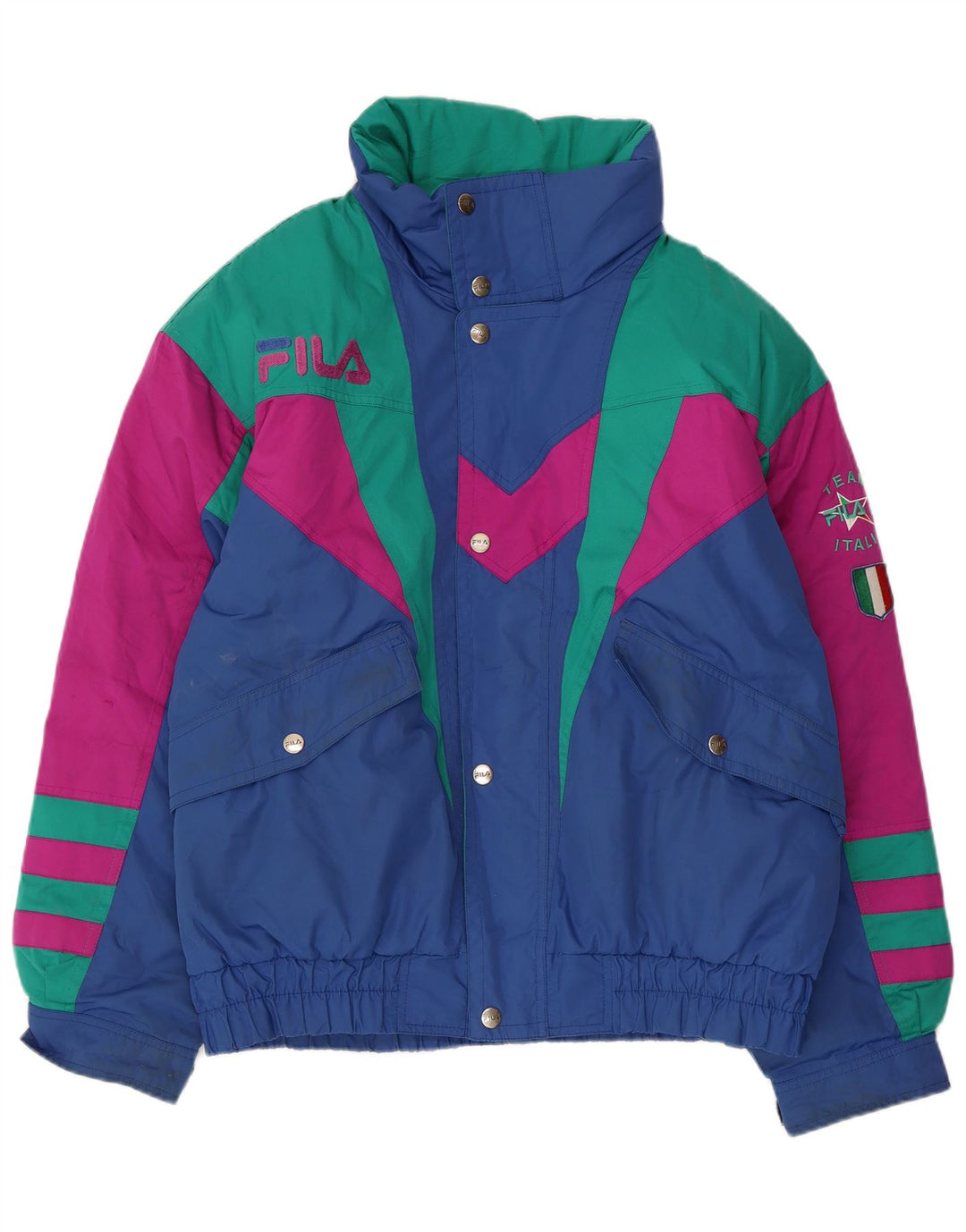 Jaqueta de esqui masculina Fila Graphic com capuz UK 40 poliéster colorblock azul médio