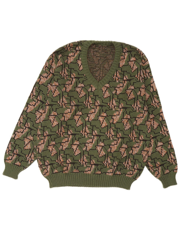 Suéter masculino vintage com decote em V IT 52 grande verde geométrico