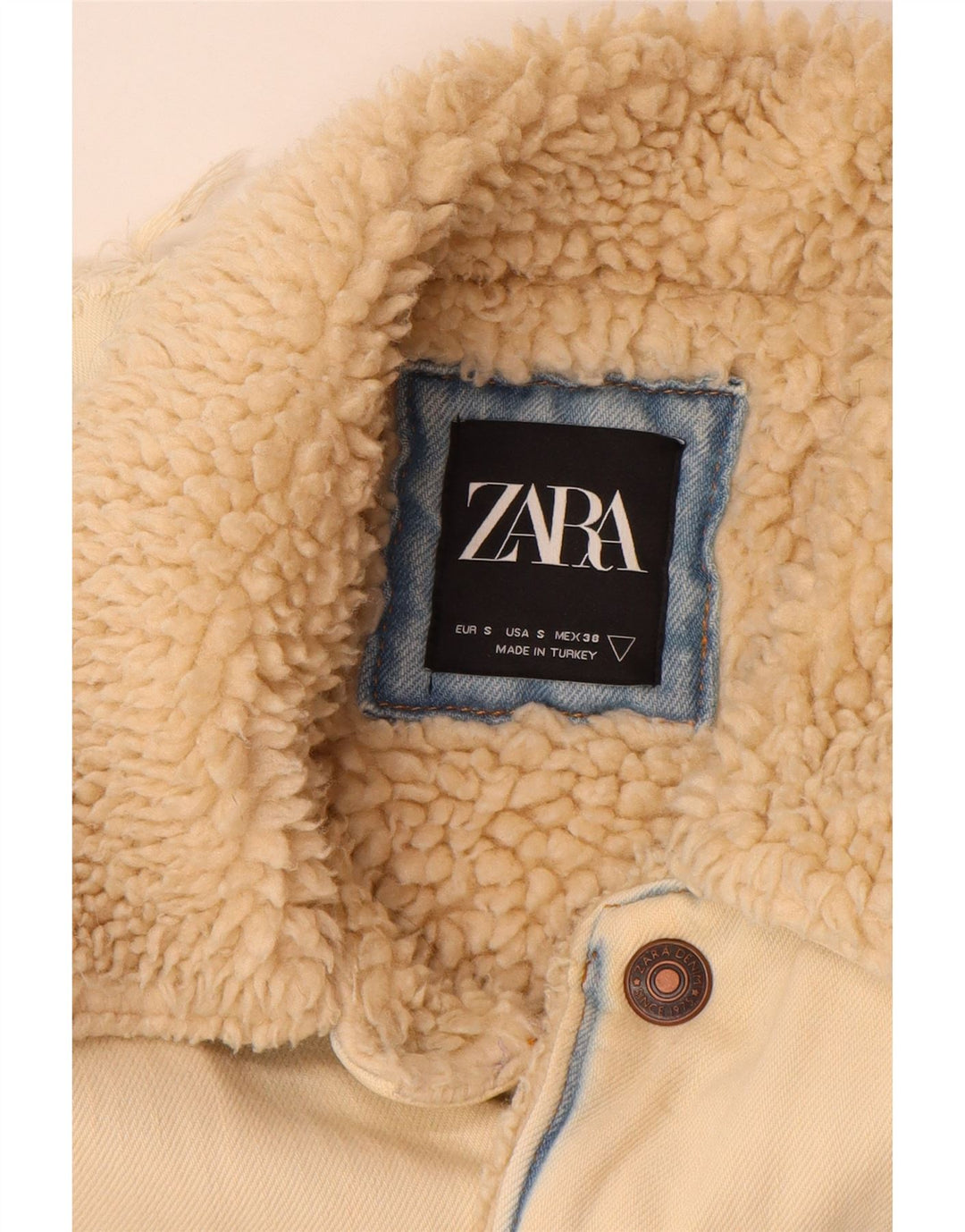 Jaqueta jeans Zara masculina Sherpa Reino Unido 36 algodão bege pequeno