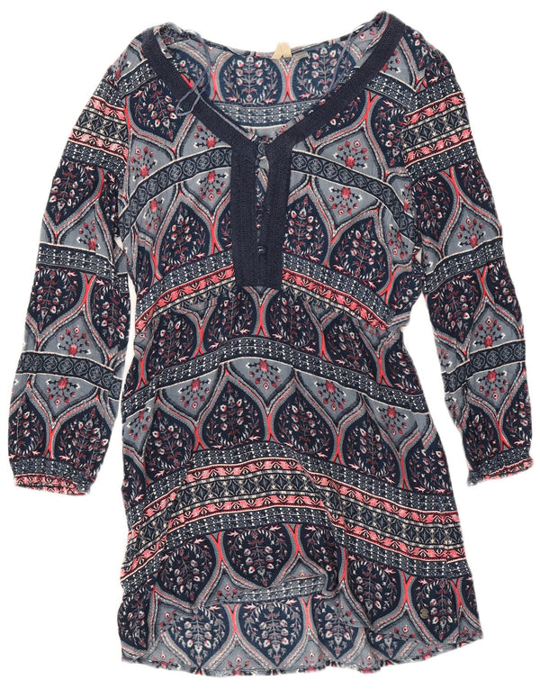 Vestido túnica feminino Roxy manga 3/4 Reino Unido 6 XS azul marinho floral viscose
