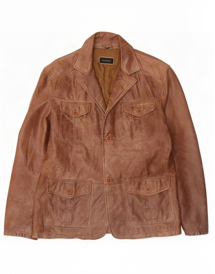 Jaqueta blazer masculina vintage de couro com 2 botões Reino Unido 40 grande marrom