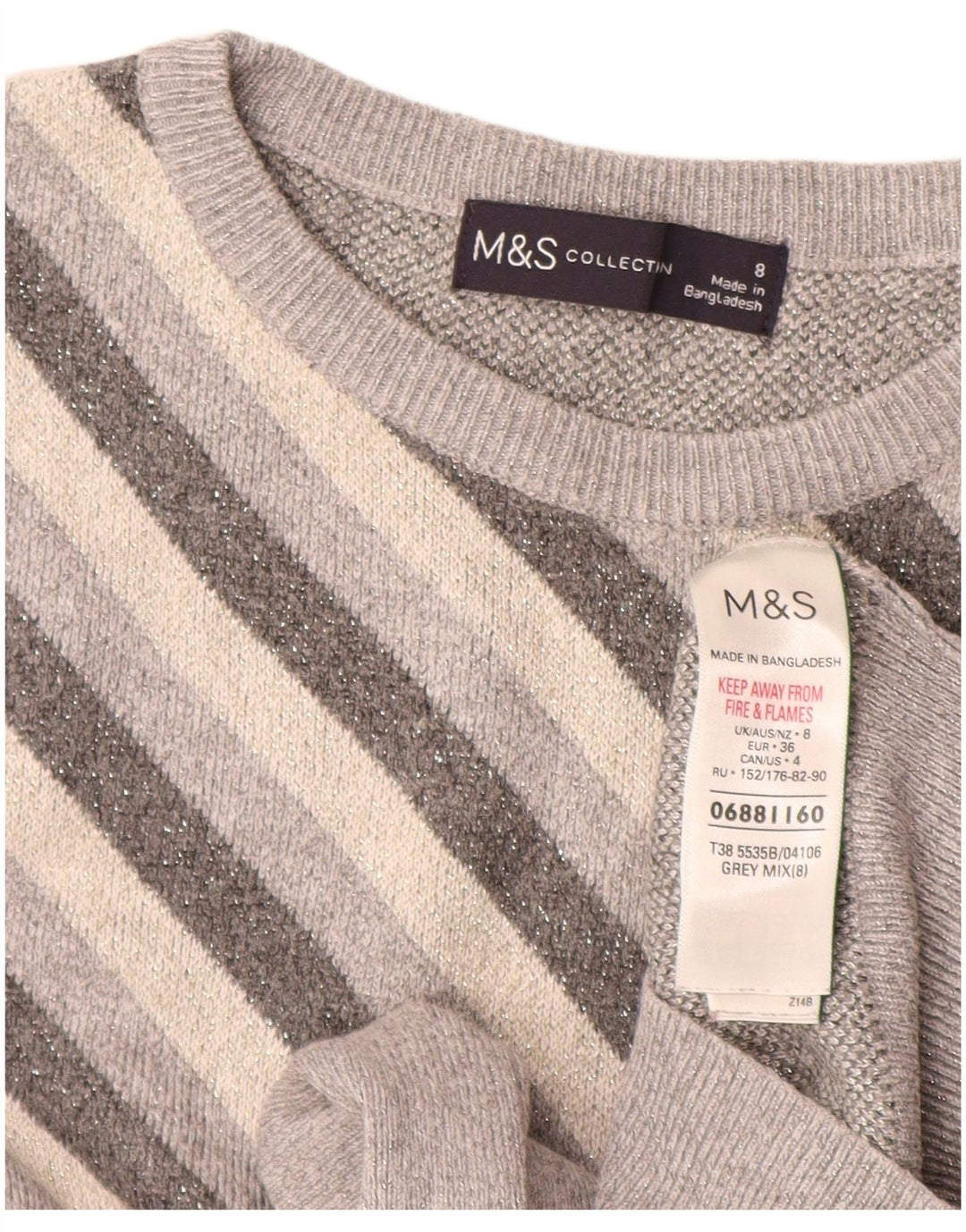 Suéter feminino Marks & Spencer com gola redonda, 8 listrado cinza pequeno