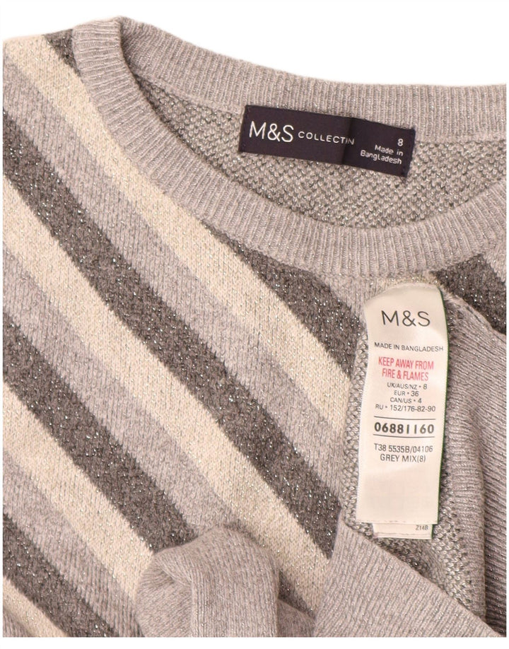 Suéter feminino Marks & Spencer com gola redonda, 8 listrado cinza pequeno