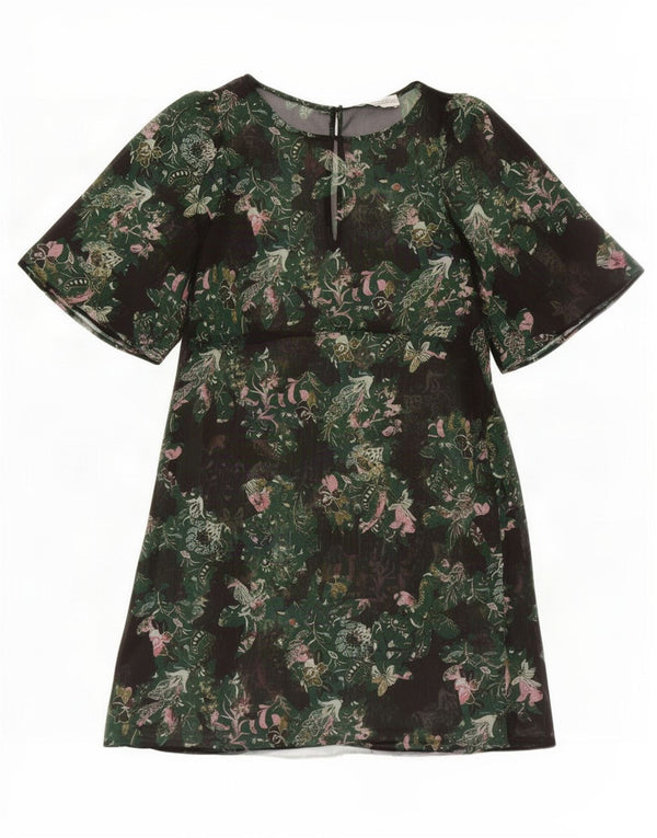 Vestido feminino Zara manga 3/4 transparente evasê UK 6 XS verde floral