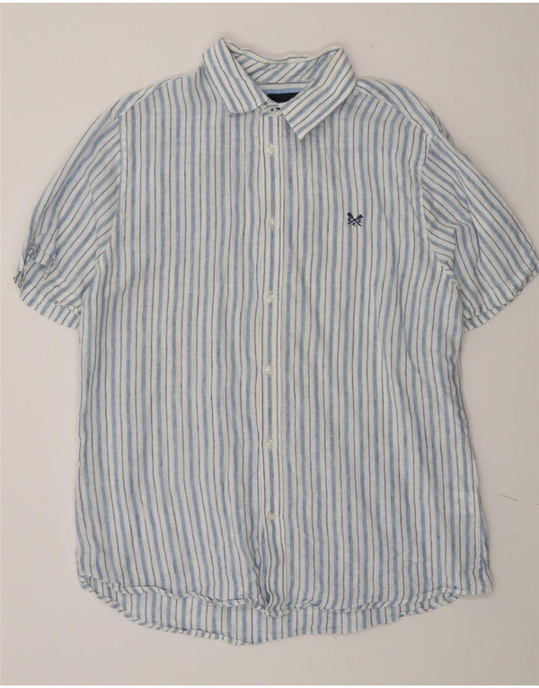 Crew Clothing Camisa masculina de manga curta grande linho listrado azul