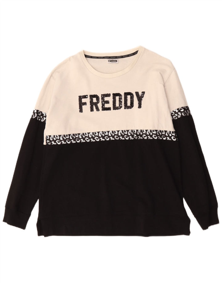 Suéter gráfico feminino Freddy UK 14 grande bloco colorido preto