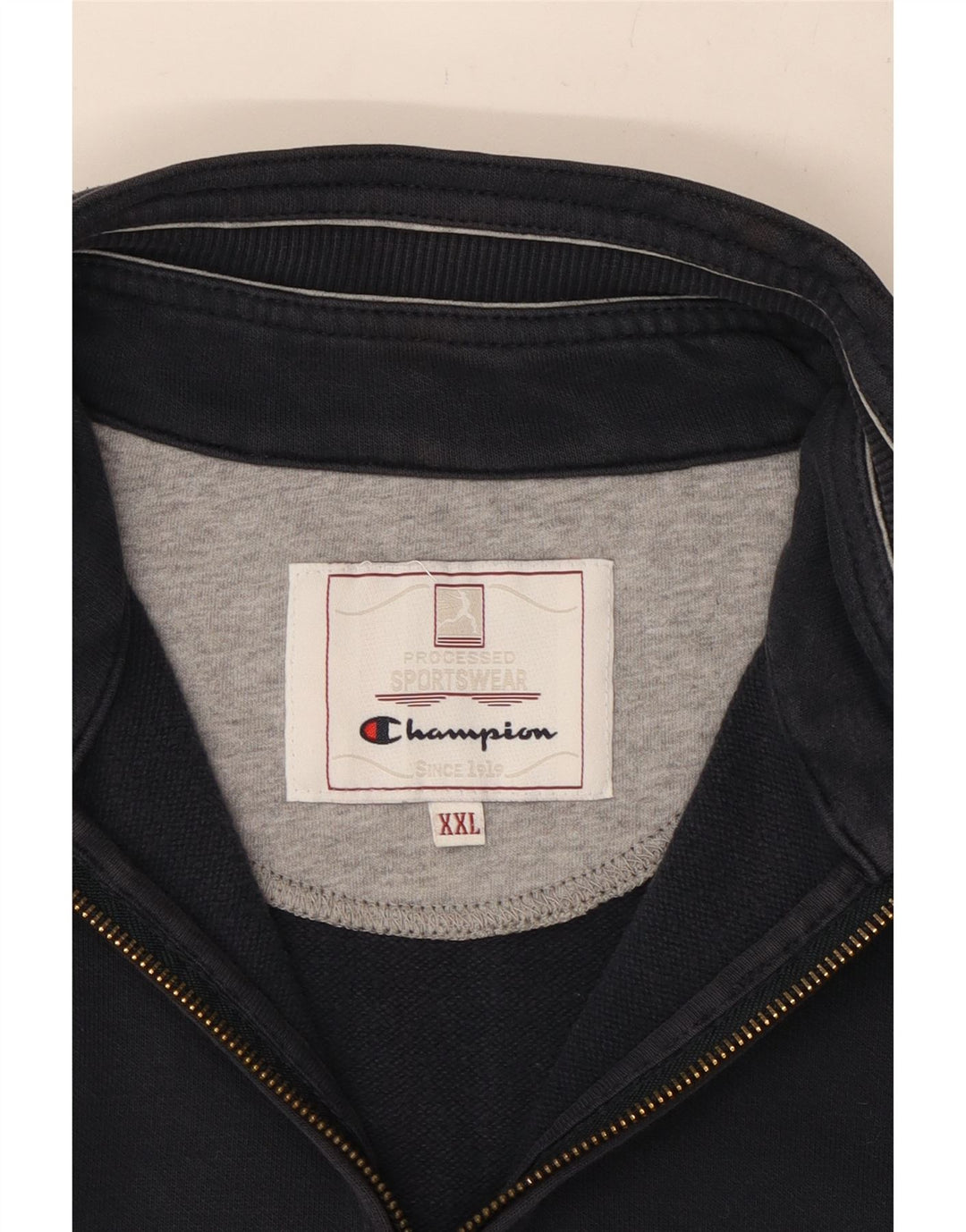 CHAMPION Mens Graphic Zip Neck Sweatshirt Jumper 2XL Navy Blue Vintage Champion and Second-Hand Champion from Messina Hembry 