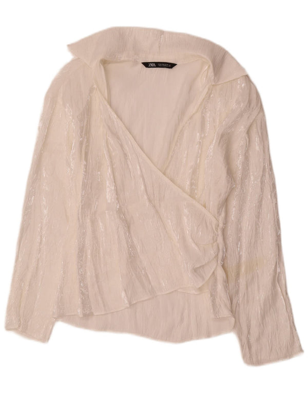 Blusa feminina de manga comprida Zara Top UK 12 viscose branca média