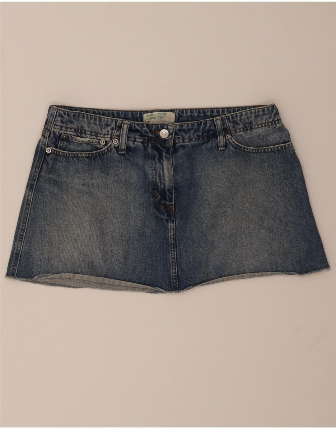 Mini saia jeans feminina Benetton IT 46 grande W32 algodão azul