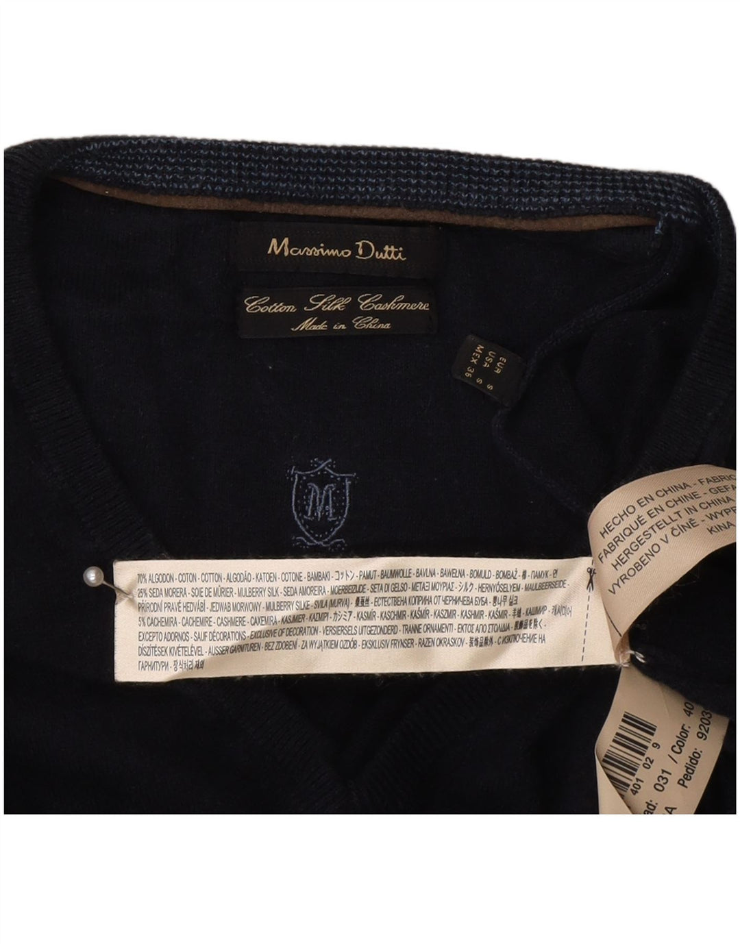 Suéter masculino Massimo Dutti com decote em V pequeno algodão azul marinho