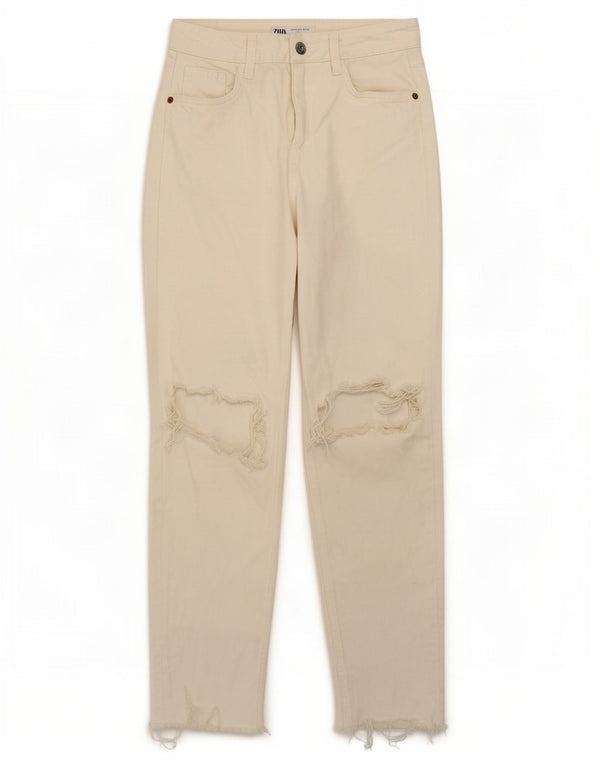 Zara Calça jeans feminina cintura alta desgastada EU 36 XS W26 L27 off white