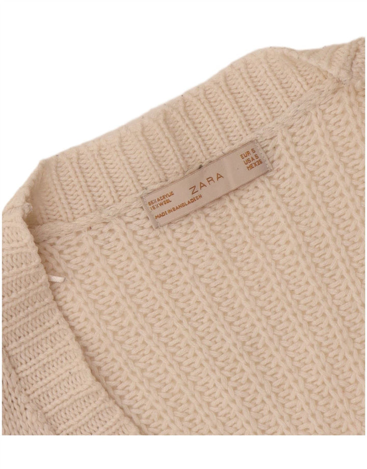 Suéter cardigã feminino Zara UK 10 pequeno acrílico branco