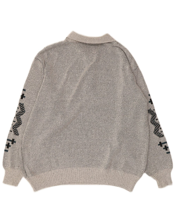 Suéter masculino vintage com gola polo UK 38/40 cinza médio geométrico