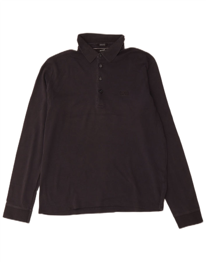 Camisa polo masculina Hugo Boss manga comprida regular fit algodão preto médio